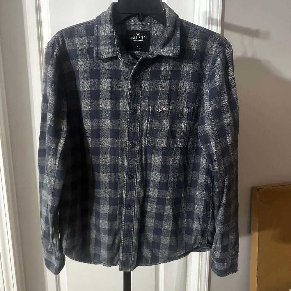 Hollister Men Blue Gray Long Sleeve Flannel Plaid Shirt #77